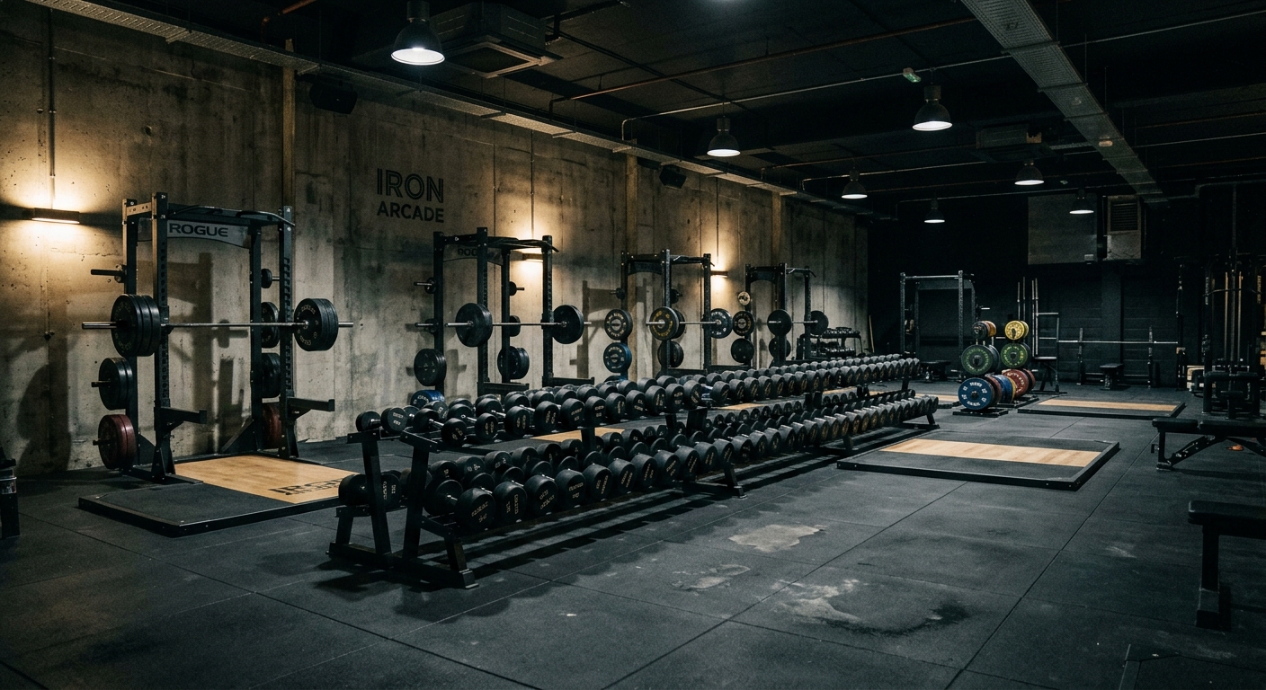 Moody modern gym interior with rows of dumbbell racks, barbells and squat platforms under dramatic low-key lighting, industrial concrete walls and rubber flooring, cinematic atmosphere, no people