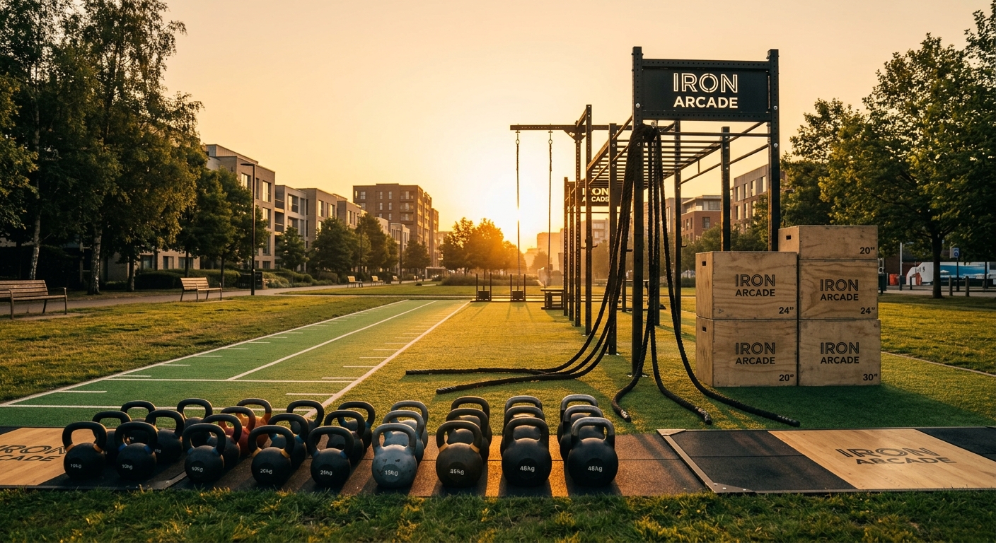 Outdoor functional fitness area with kettlebells, battle ropes, plyometric boxes and turf track at golden sunrise, urban park setting, warm light, no people