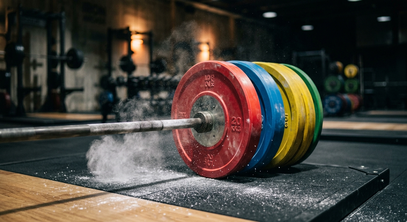 Close-up of a loaded barbell with colorful bumper plates resting on black rubber gym flooring, chalk dust floating in dramatic side lighting, shallow depth of field, no people